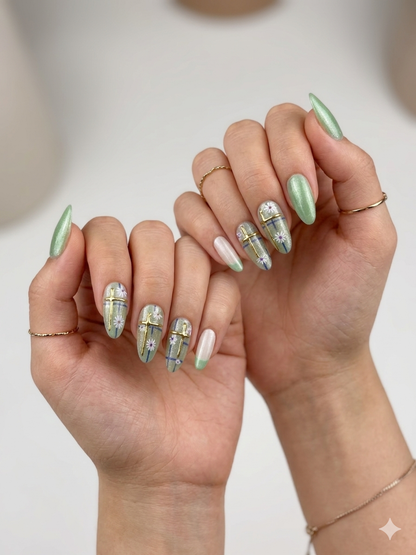 Mint Floral Press-On Nails With Application Kit