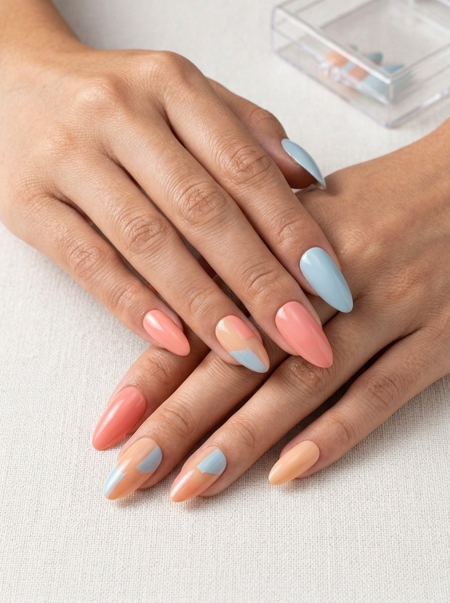 Cotton Candy Almond Glaze Nails ( Pre-Glued ) With Application Kit