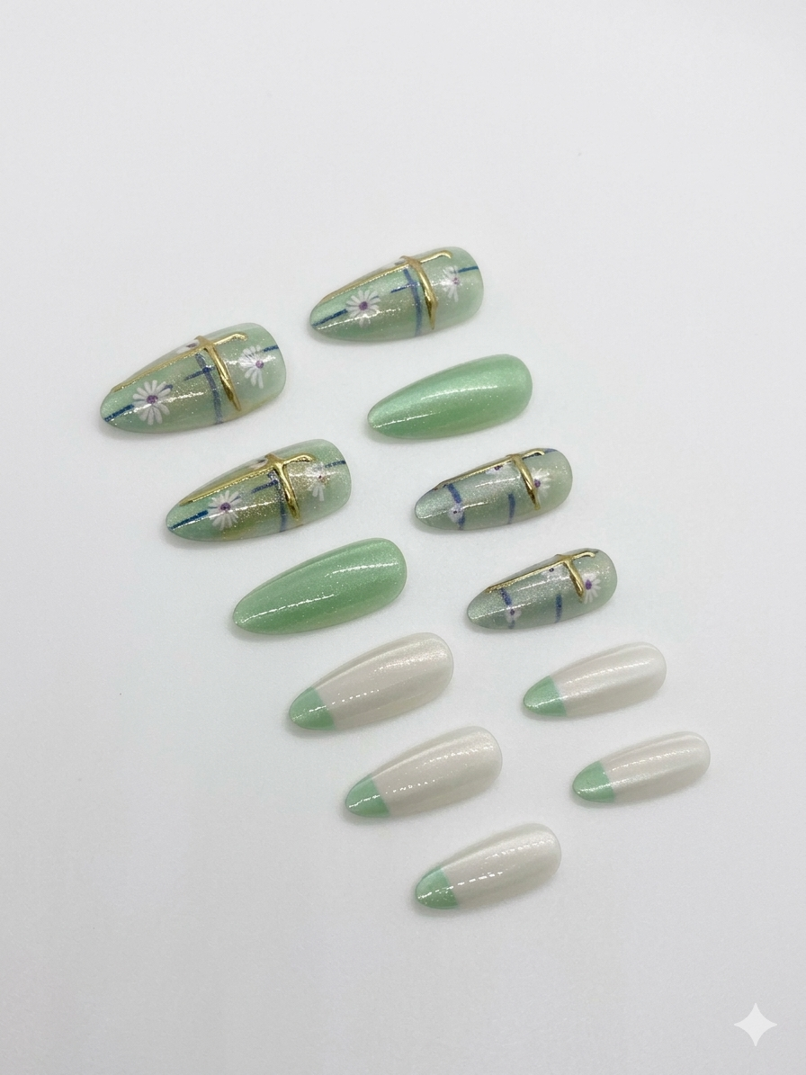 Mint Floral Press-On Nails With Application Kit