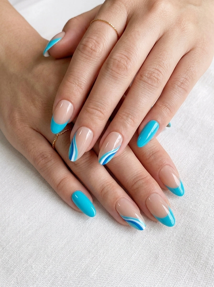 Sky Blue Abstract Almond Nails With Application Kit