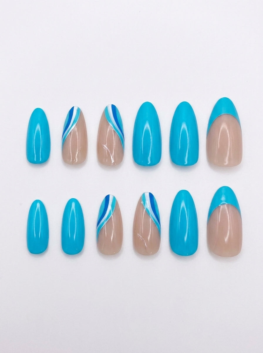 Sky Blue Abstract Almond Nails With Application Kit