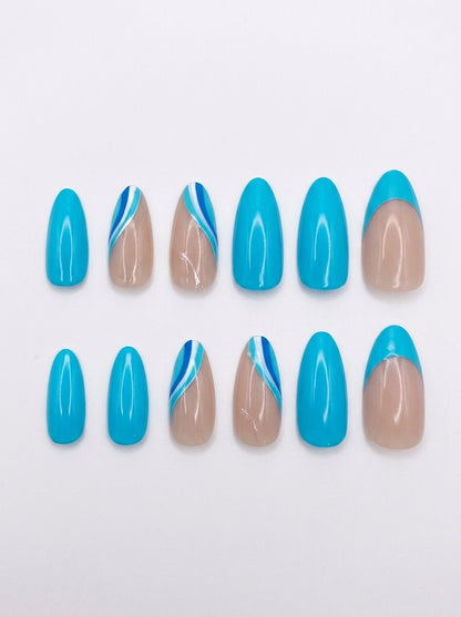 Sky Blue Abstract Almond Nails With Application Kit