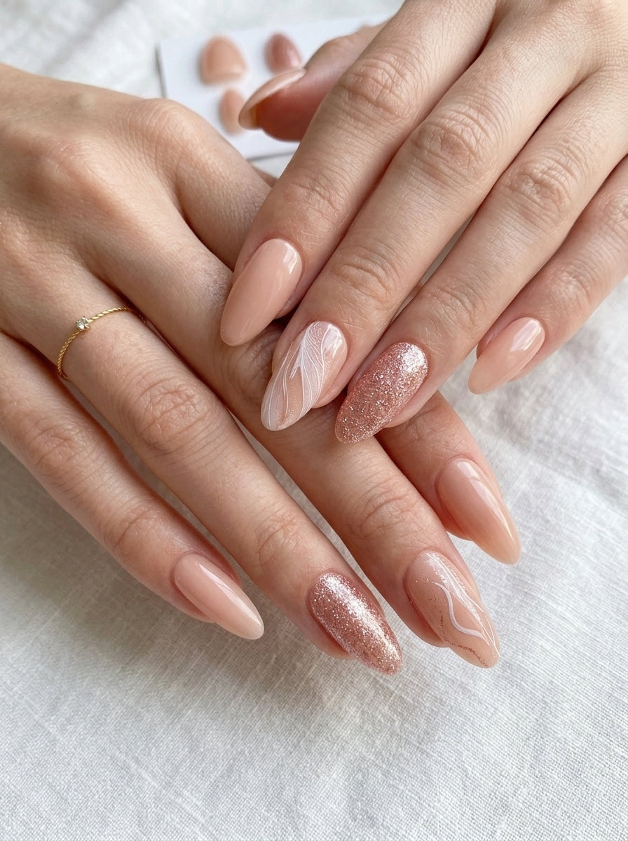 Rose Gold Swirl Almond Nails With Application Kit