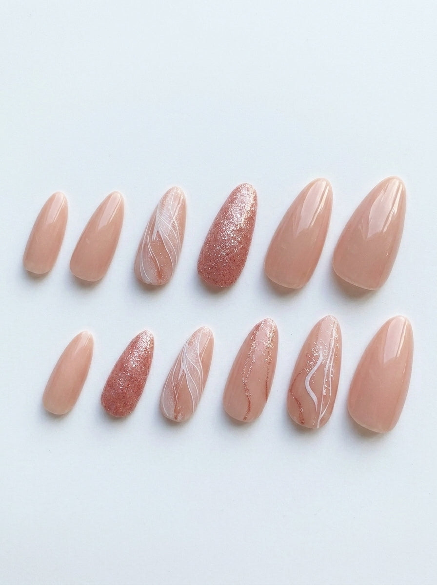 Rose Gold Swirl Almond Nails With Application Kit
