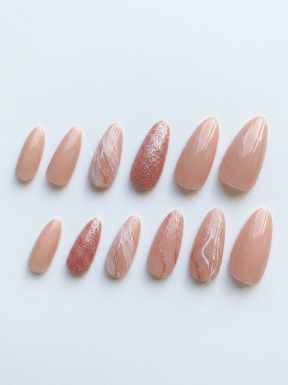 Rose Gold Swirl Almond Nails With Application Kit