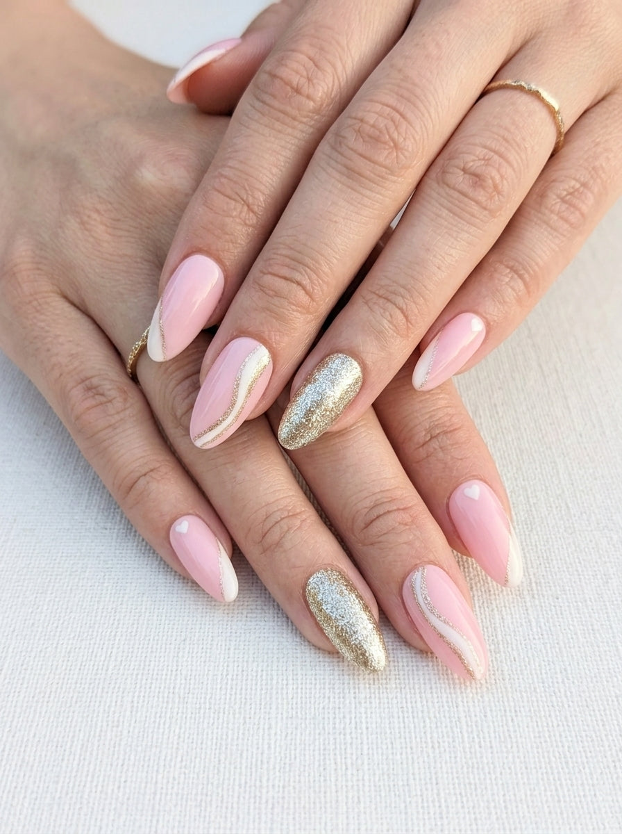 Champagne Glitter & Nude Almond Nails With Application Kit