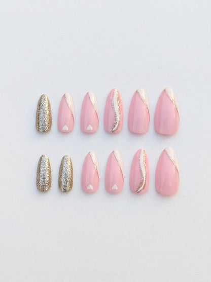 Champagne Glitter & Nude Almond Nails With Application Kit