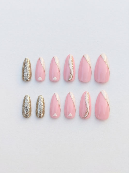 Champagne Glitter & Nude Almond Nails With Application Kit
