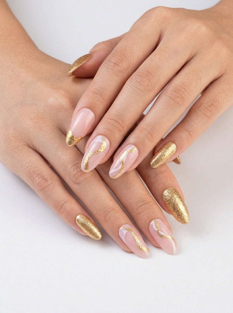 Gold Foil Quartz & Rose Pink Almond Nails With Application Kit