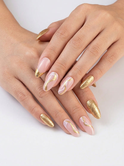 Gold Foil Quartz & Rose Pink Almond Nails With Application Kit