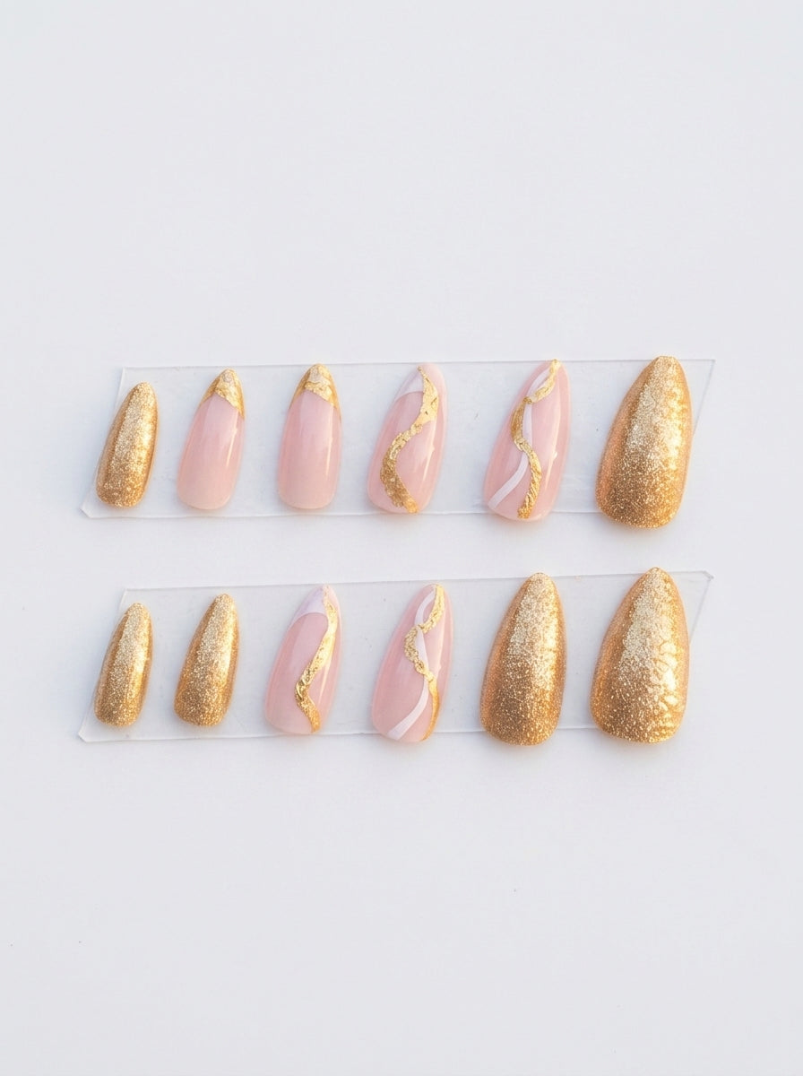 Gold Foil Quartz & Rose Pink Almond Nails With Application Kit