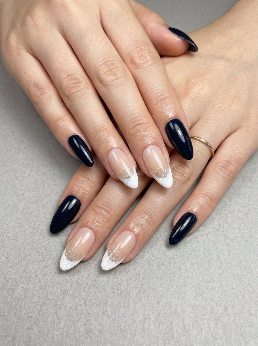 Midnight Black & Champagne Glitter Almond Nails With Application Kit