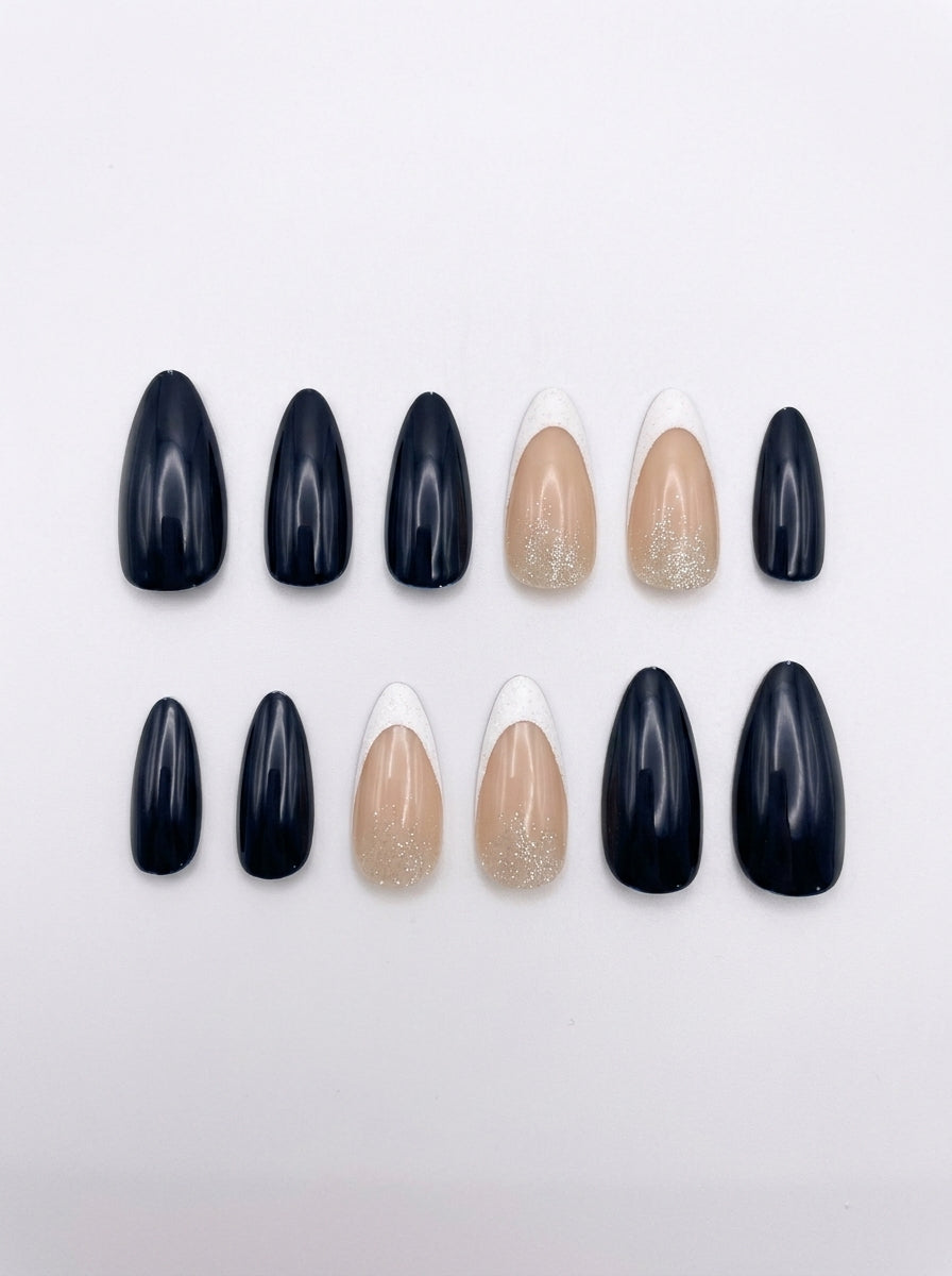 Midnight Black & Champagne Glitter Almond Nails With Application Kit