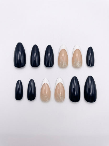 Midnight Black & Champagne Glitter Almond Nails With Application Kit