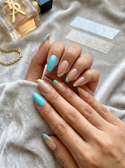 Teal Chrome French Gold Almond Press-On Nails With Application Kit