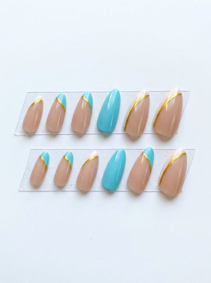 Teal Chrome French Gold Almond Press-On Nails With Application Kit