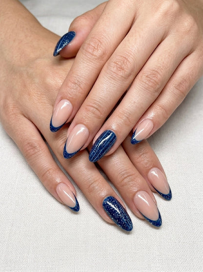 Midnight Glitter French Almond Nails With Application Kit