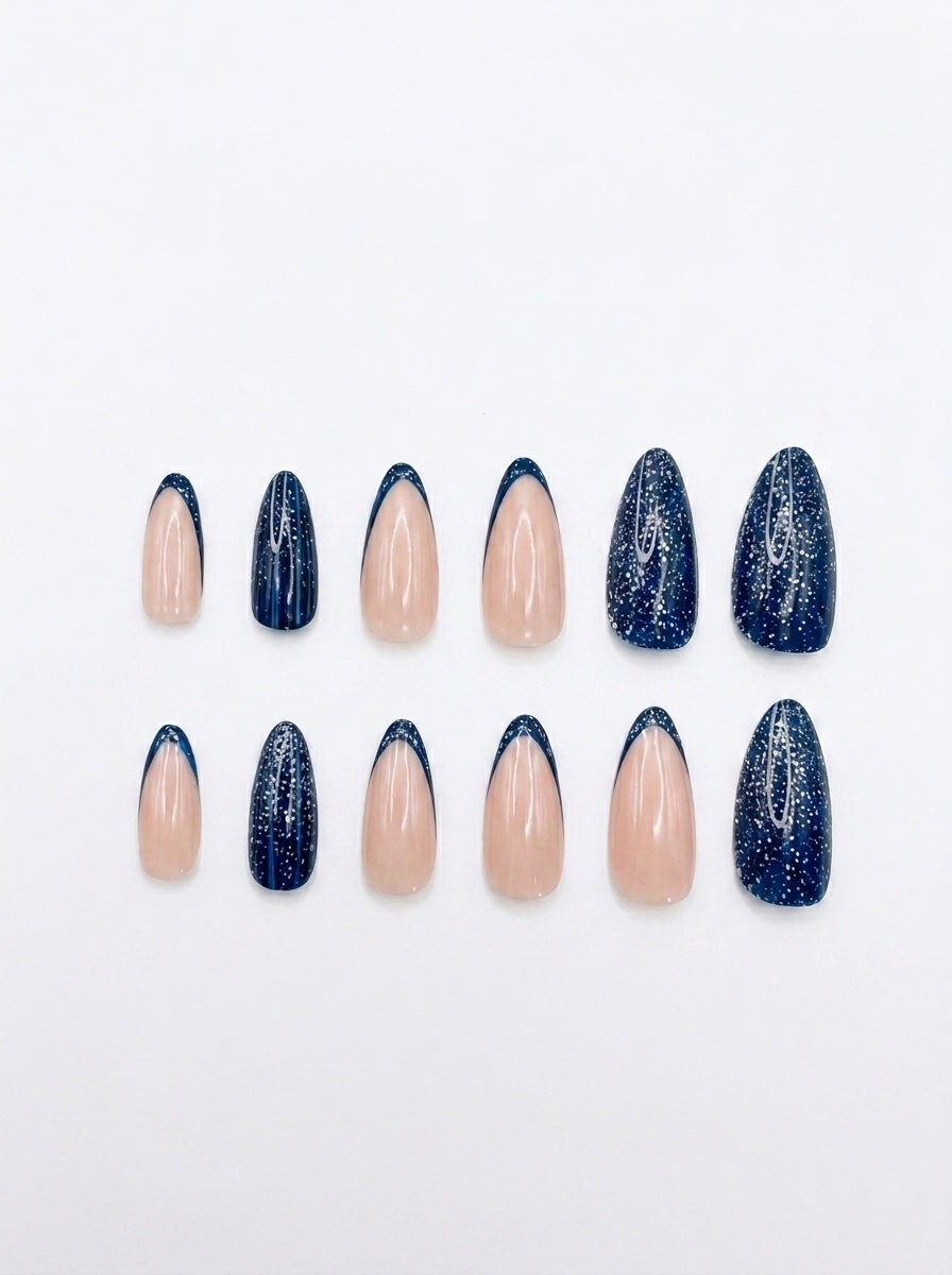Midnight Glitter French Almond Nails With Application Kit