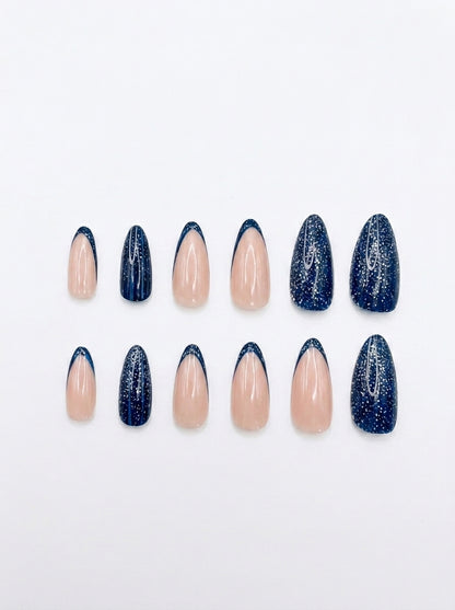 Midnight Glitter French Almond Nails With Application Kit