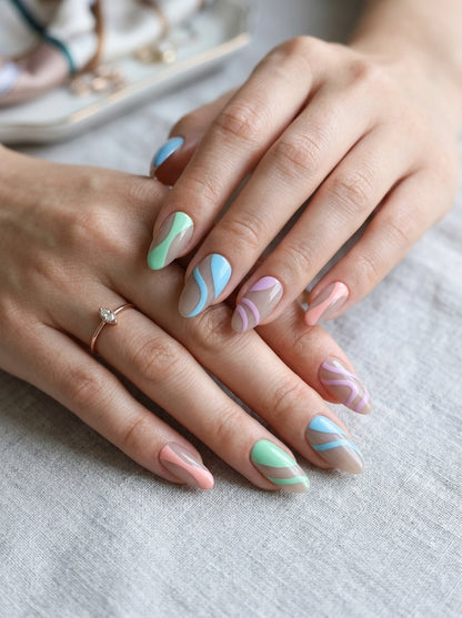 Pastel Swirl Almond Press-On Nails With Application Kit