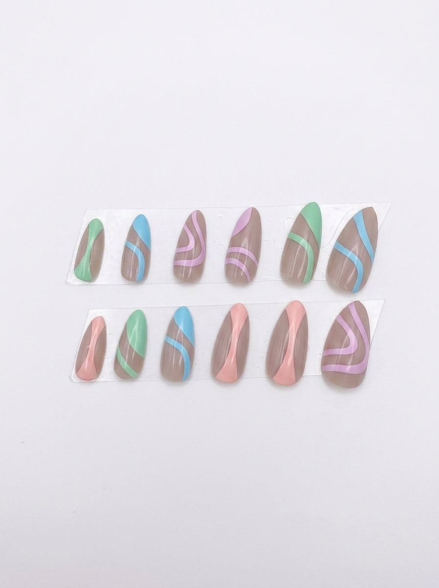 Pastel Swirl Almond Press-On Nails With Application Kit