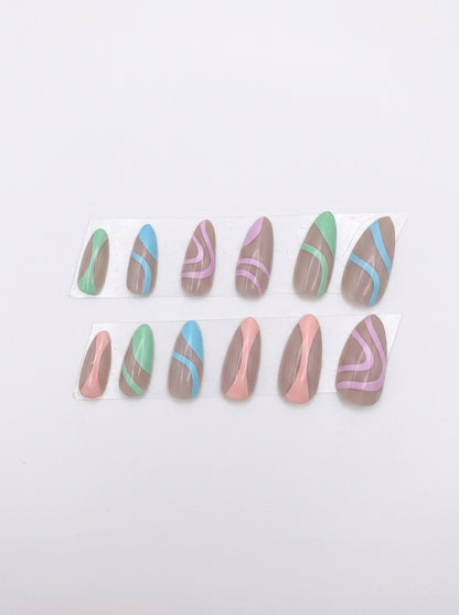 Pastel Swirl Almond Press-On Nails With Application Kit