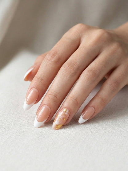 Gold Foil Marble Almond Nails With Application Kit