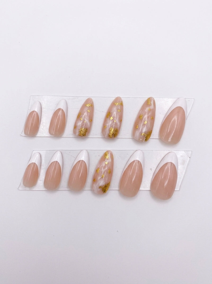 Gold Foil Marble Almond Nails With Application Kit