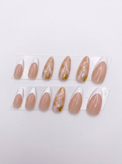 Gold Foil Marble Almond Nails With Application Kit